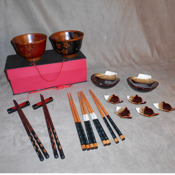 Japanese/Asian Dinnerware: Wood Bowls, Chopsticks & Rests, Ceramic Plates - Picture 1 of 16